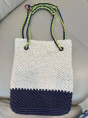 Handwoven Two-Tone Crochet Tote Bag in White and Navy with Neon Strap